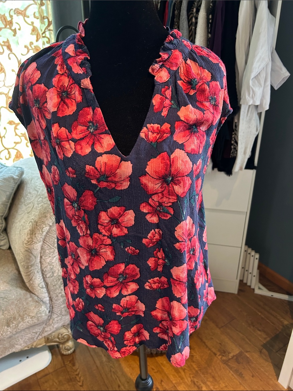 Navy Floral V-Neck Ruffle-Trim Top